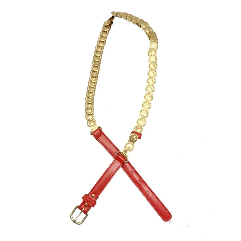 Vintage stretchy red and gold concho coin belt retro 1980s